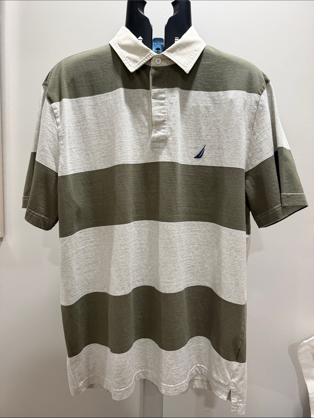Men Nautica Olive & Cream Wide-Stripe Polo